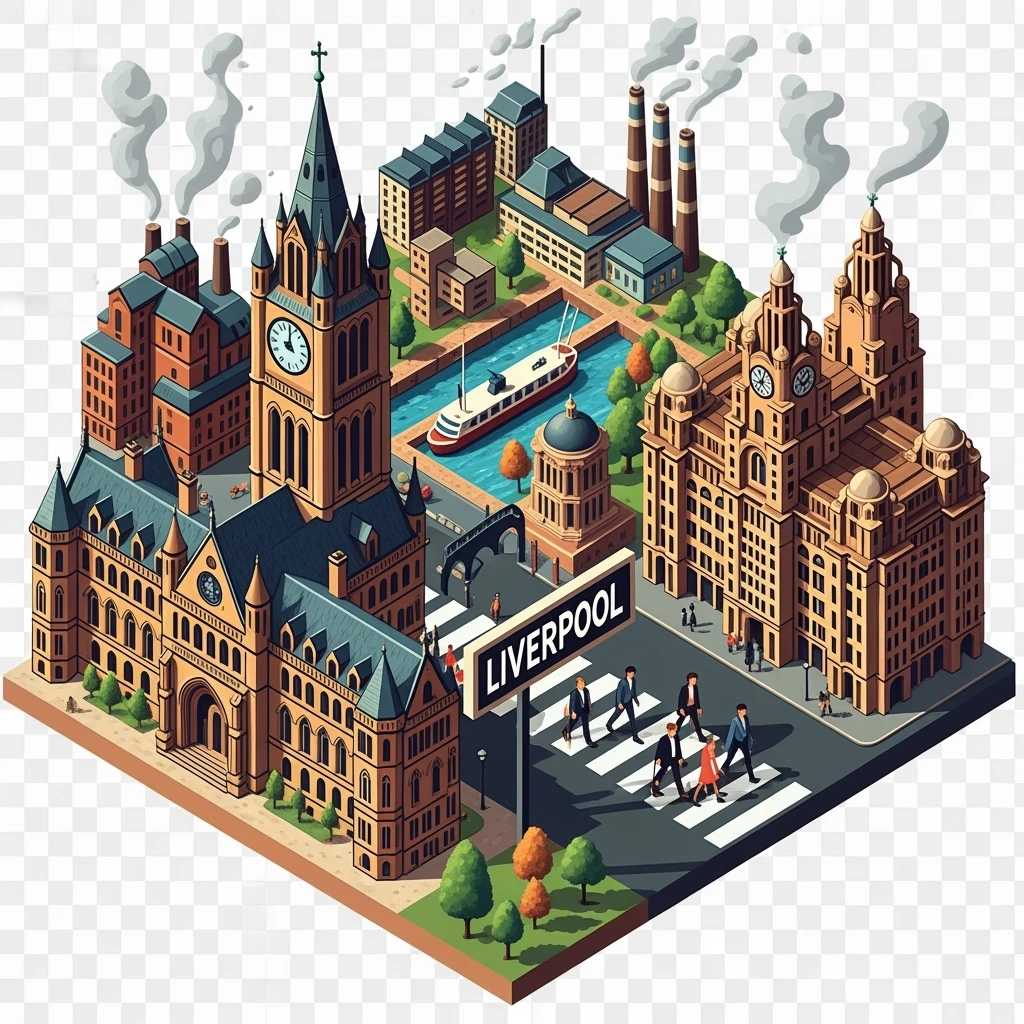 Isometric illustration of Manchester and Liverpool combined, featuring Beatles references (Abbey Road sign), Manchester Town Hall, toy-style factories, balanced between stylized painting and realistic, transparent background emoji