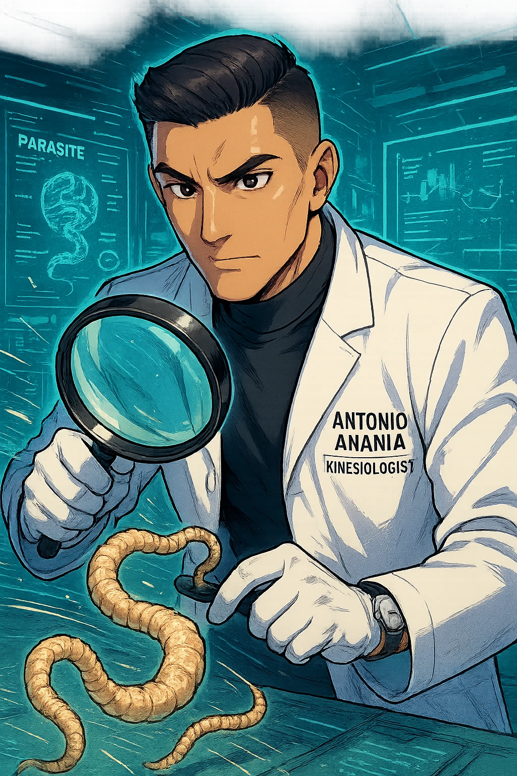 A dynamic manga/webtoon-style illustration of a young male kinesiologist wearing a clean white lab coat, analyzing light beige worms like a tapeworm under a magnifying glass. His expression is focused and slightly intrigued, with sharp, detailed eyes. The art style is vibrant, with bold linework, rich colors, and dramatic lighting. The background is a futuristic laboratory with glowing holographic screens displaying parasite data. The tapeworm is intricately drawn, slimy and segmented, with a slightly exaggerated yet realistic texture. The composition is dynamic, with motion lines or energy effects to emphasize his scientific investigation. The atmosphere is intense but not dark, keeping a balance between scientific seriousness and stylish manga aesthetics, he has "ANTONIO ANANIA" WRITTEN ON WHITE LAB COAT emoji