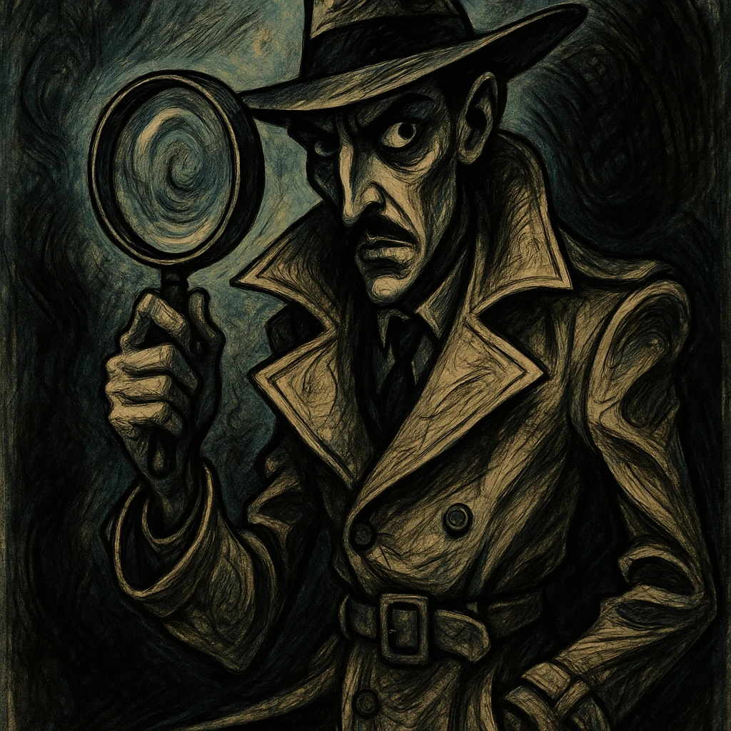 detective character wearing a classic trench coat, holding a magnifying glass, with a mysterious expression, unique artistic style emoji