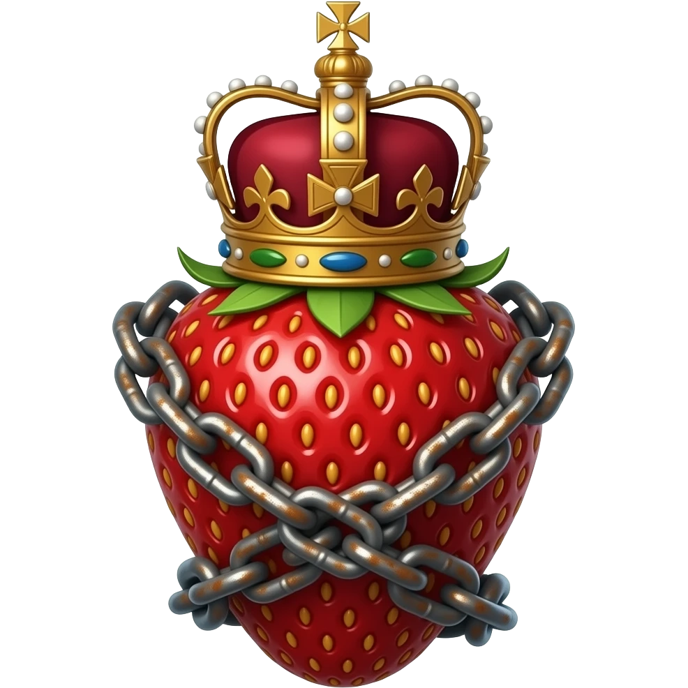 a strawberry made of steel with a rusty, richly decorated English royal crown on top that is flaming. An oversized rusty chain is wrapped around the strawberry's body and is spinning around its body emoji