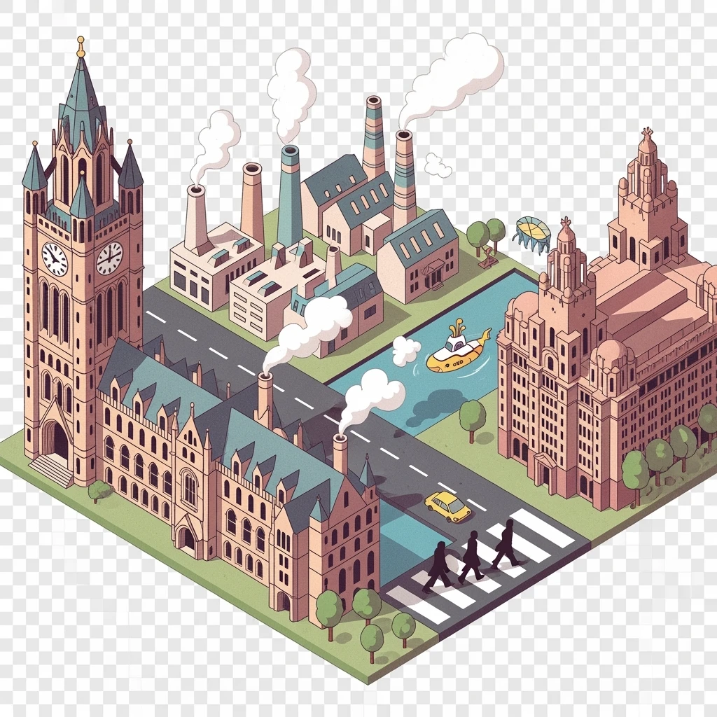 Isometric illustration of Manchester and Liverpool combined, featuring Beatles references (Abbey Road sign), Manchester Town Hall, toy-style factories, muted pastel tones, transparent background emoji