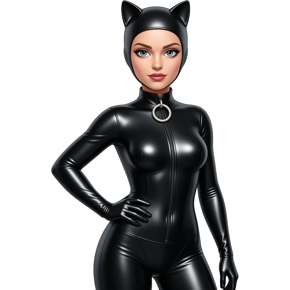 Girl wearing Latex catsuit from top to feet. Metal neck collar with big O-Ring emoji