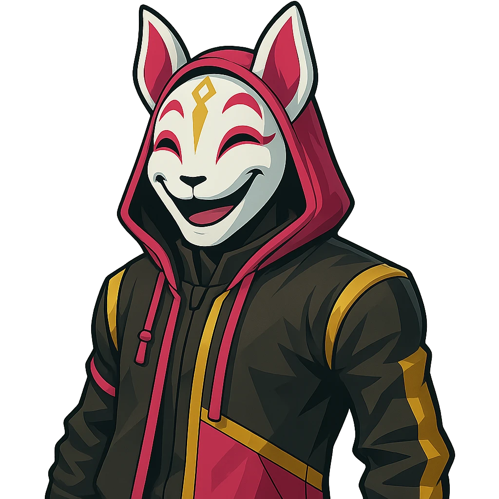 Make the Fortnite Drift skin look happy with a cheerful expression, keeping the stylized look, transparent background. emoji