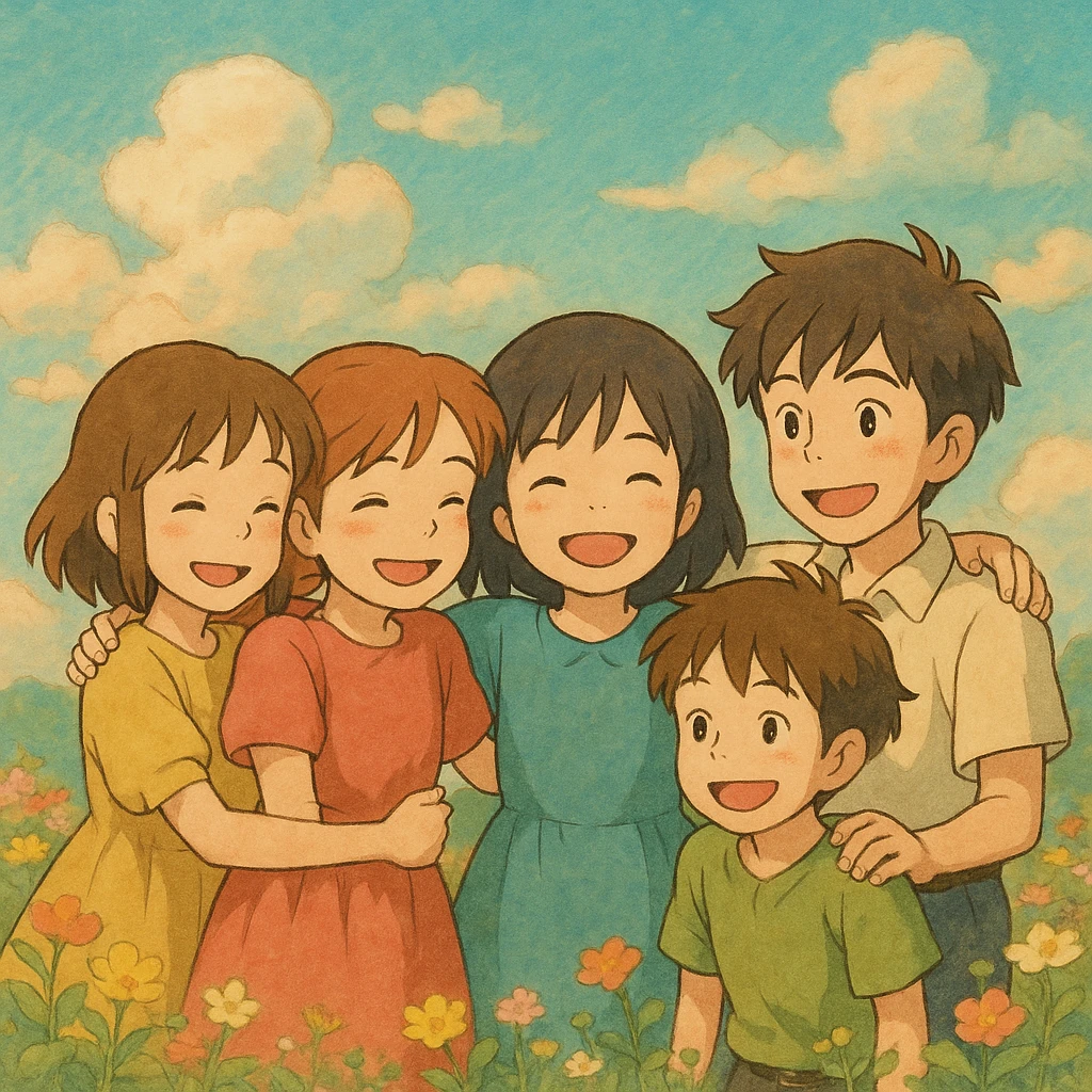 A close-knit group of three girls and two boys, arms around each other, in a Ghibli-inspired photo with dreamy backgrounds and expressive faces. emoji