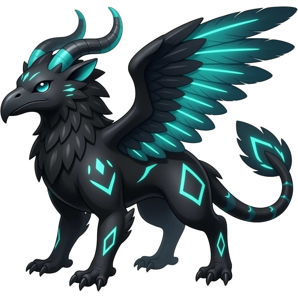 Black dark exotic four-legged beaked feathery nocturnal neon-glowing abyssal nightly animalistic fantasy gryphon-chimera-Salandit-Trico-Teto-Silvally-creature emoji