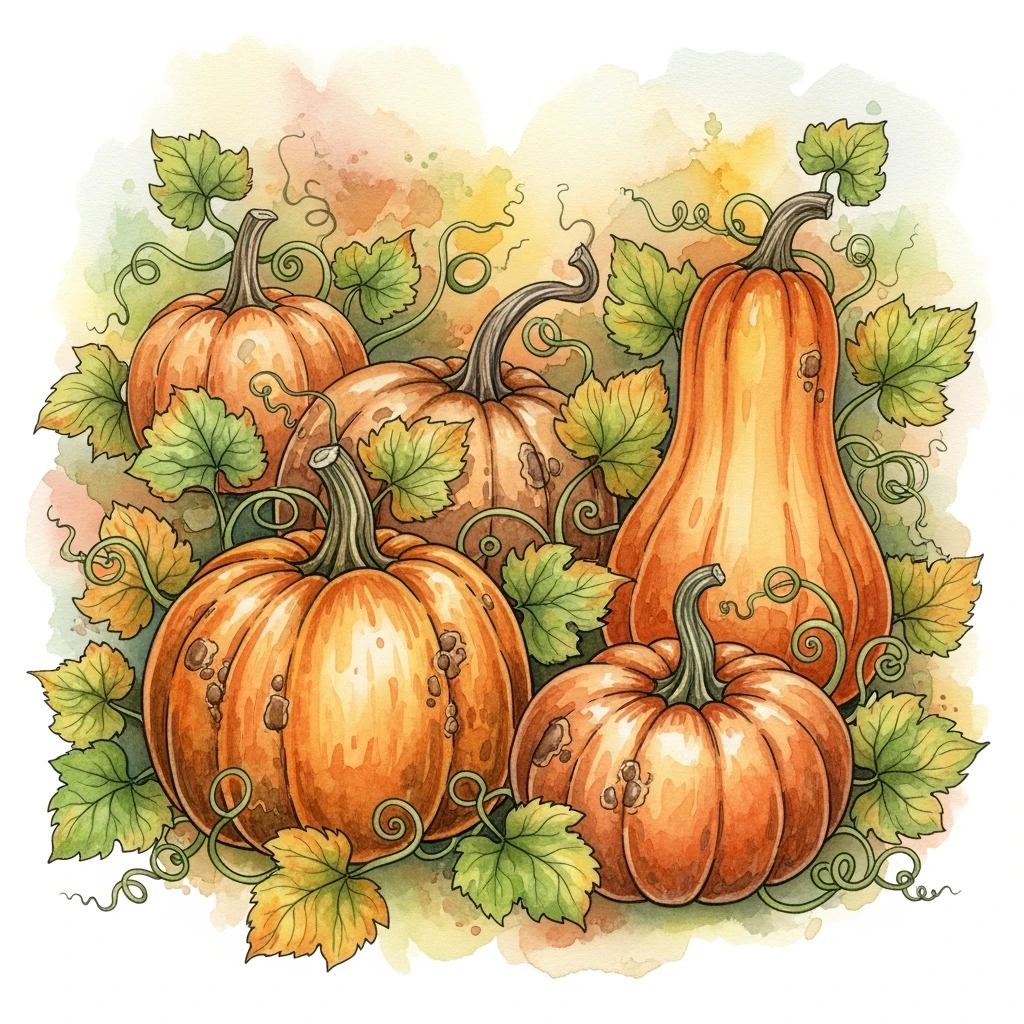 autumn pumpkin patch illustration, large pumpkins with leaves and vines, rustic style, orange and earthy tones, watercolor texture background emoji