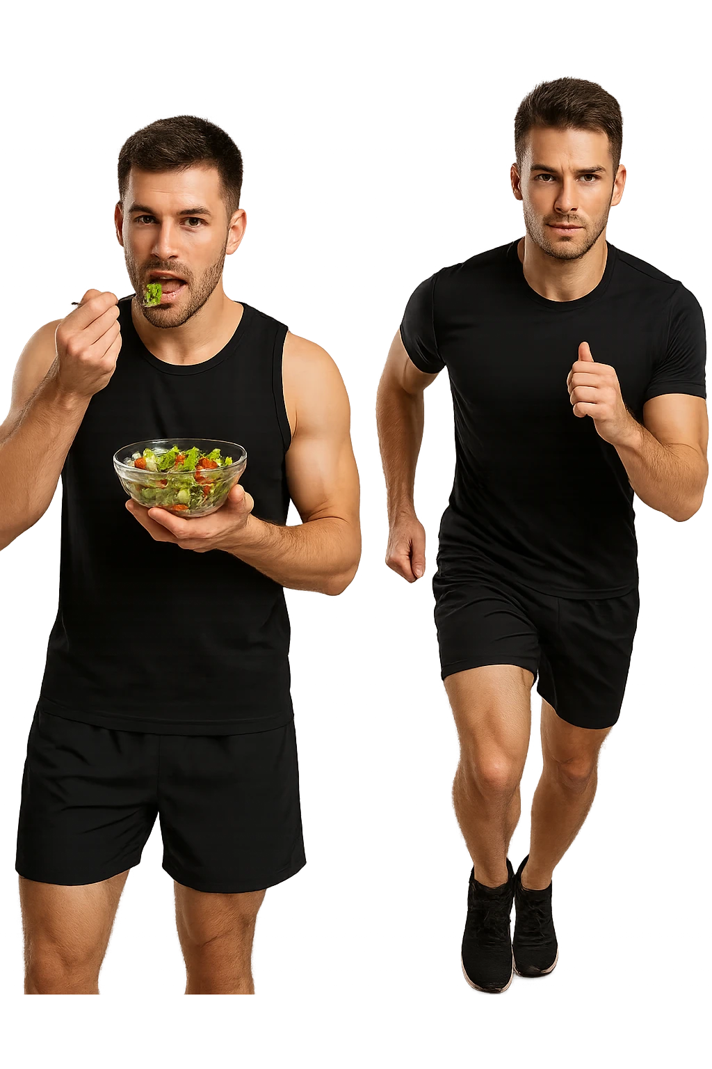 UOMO FITNESS CHE MANGIA INSALATA ACCANTO A UOMO FITNESS CHE CORRE IN POSA FRONTALE emoji