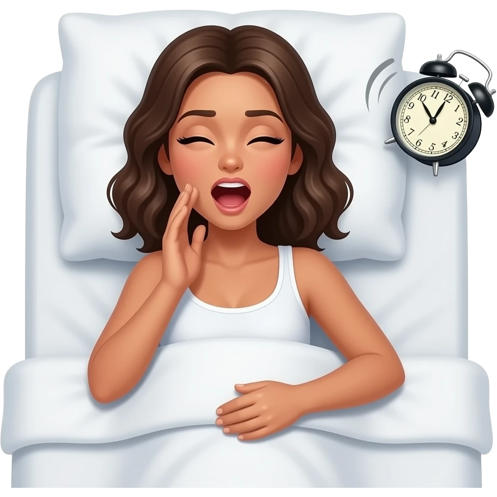 top view of a tanned shirtless woman waking up in bed yawning with an alarm clock ringing at the bedside emoji