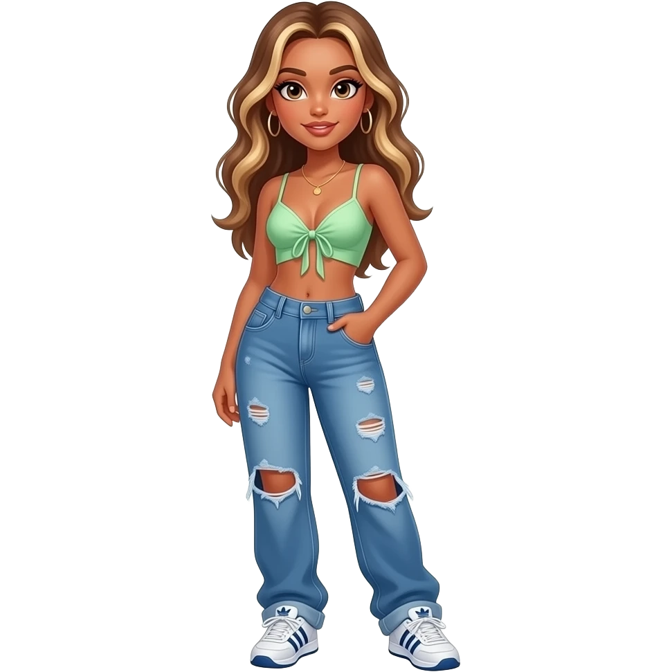 preppy teenage girl, tan, blonde highlights, brown long hair, long eyelashes, beach aesthetic, wearing cute clothes, sexy, wearing ripped blue long baggy jeans with a pastel green revealing crop top, wearing Somba Adidas emoji