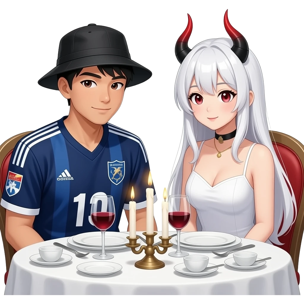 romantic date at a dinner table. The guy is asian an wears a black fishing hat and a dark blue soccer tricot. The girl is dressed as an anime girl with a white wig, white dress and black-red horns emoji