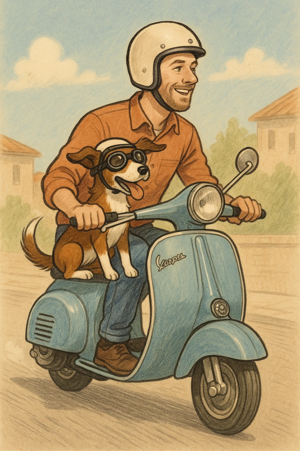 man and his pet dog riding a vespa emoji