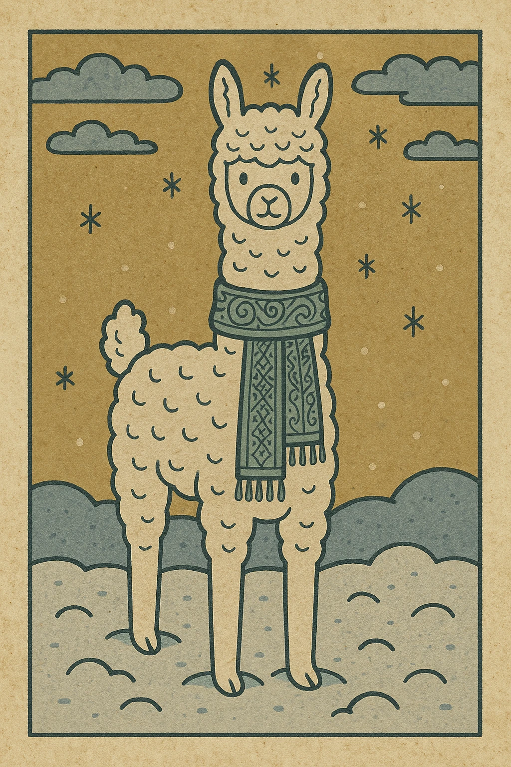 Alpaca toy wearing a knitted scarf in snow. emoji