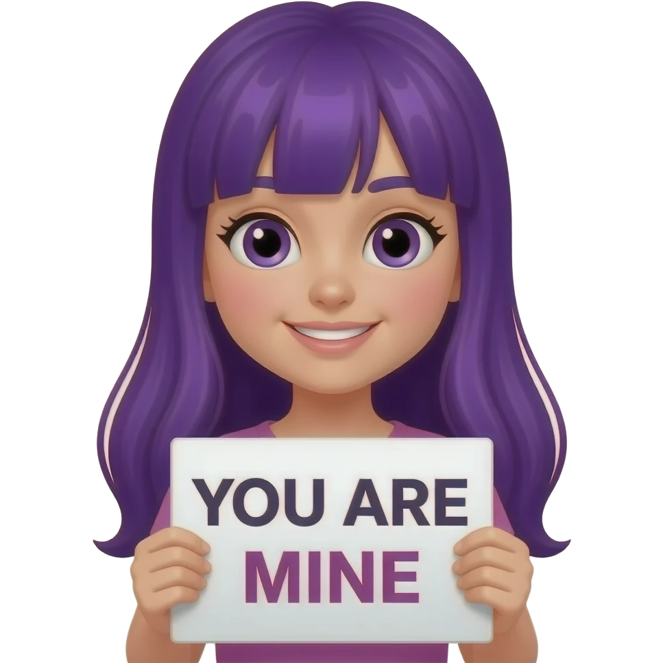girl with long purple hair holding a YOU ARE MINE sign emoji
