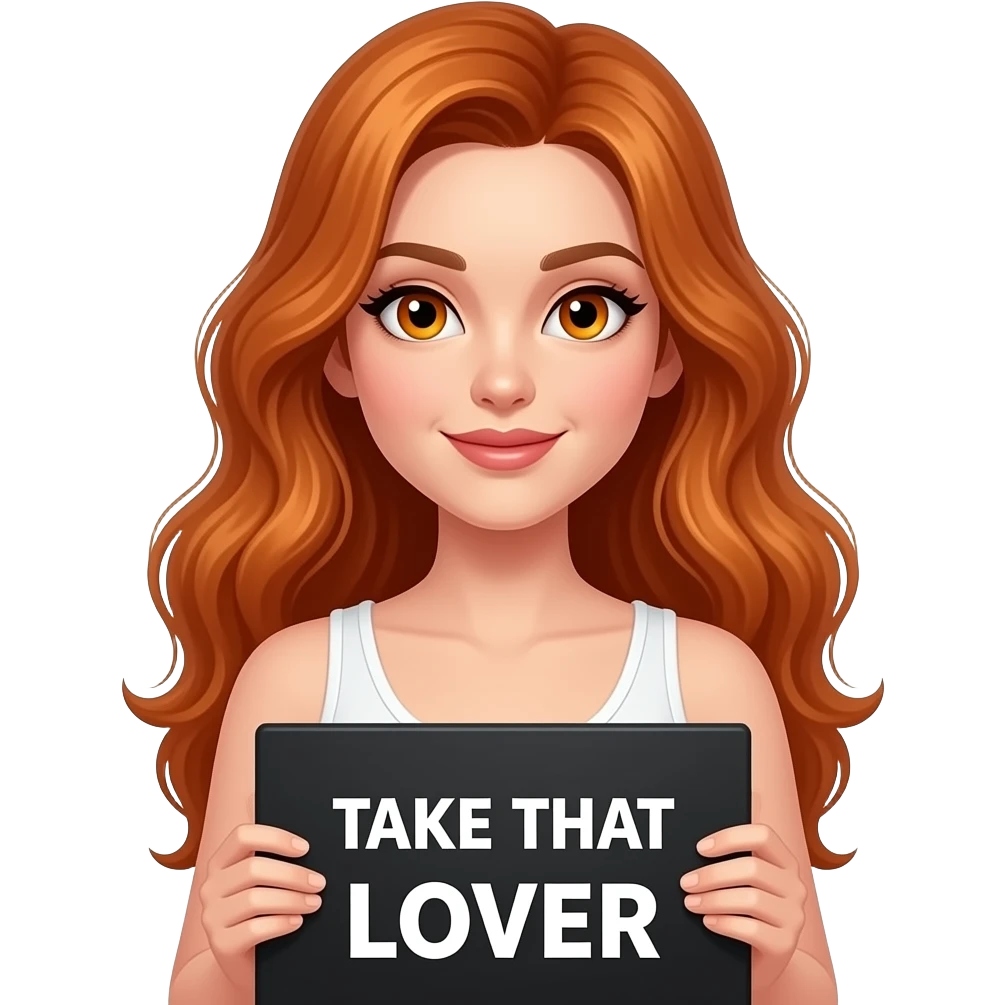 sexy girl with long wavy ginger hair and ginger eyes wearing a white tanktop is holding a black colored sign with TAKE THAT LOVER written on it emoji