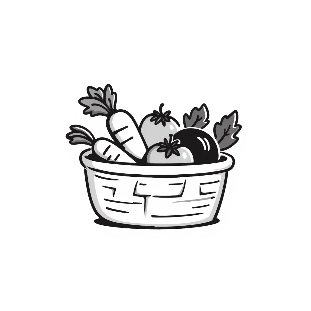 a basket of vegetables, playful and sketchy hand-drawn black doodle style emoji