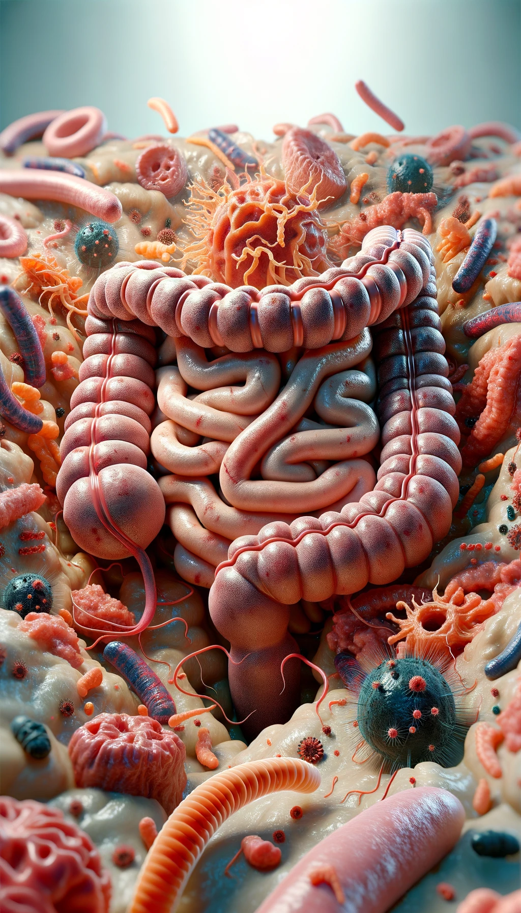 INTESTINO UMANO ANATOMICO REALISTICO CIRCONDATO DA PARASSITI E BATTERI INTESTINALI, IPERREALISTICO 4K emoji