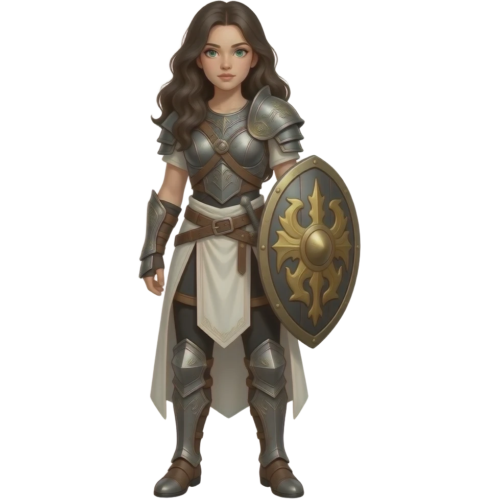 A young female warrior stands confidently in full-body portrait, with long, dark wavy hair and fair skin. She wears intricate fantasy armor. The detailed attire includes a white kilt, dark undergarments, and golden shield emblem. emoji
