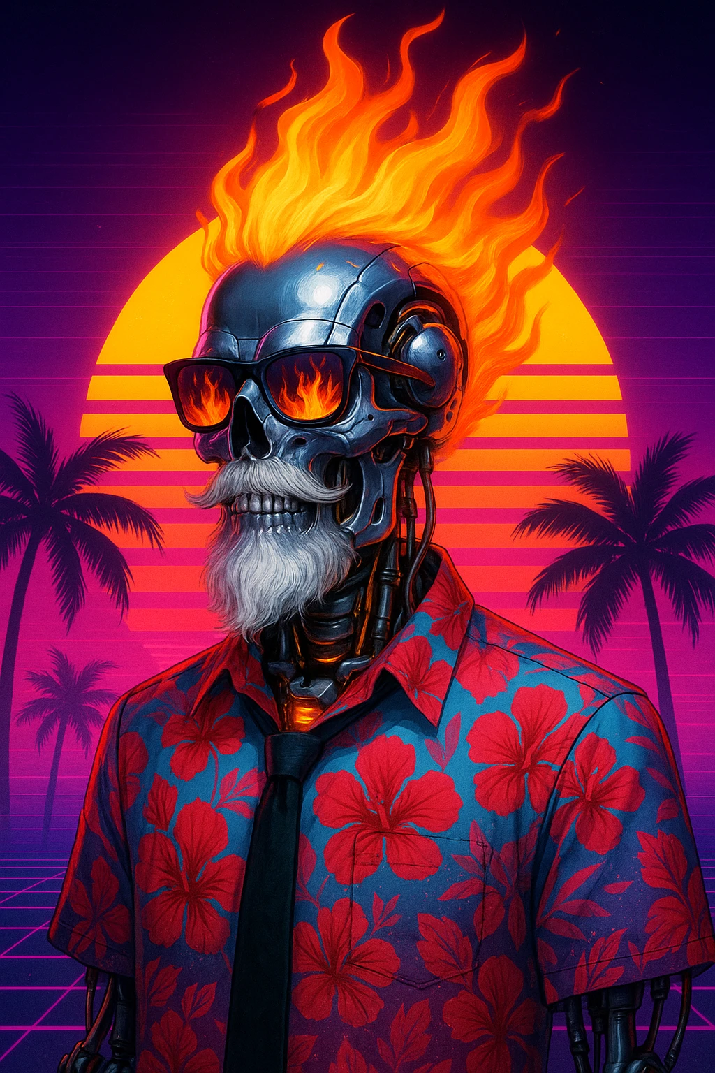 A robotic skeleton with a chrome skull, exposed cables and joints, and a white beard. Sporting sunglasses with fiery reflections, and a mane of orange-red flames. Wearing a Hawaiian shirt (red hibiscus, pink/blue gradient) and a black tie, with glowing mechanical parts under the collar. Background: synthwave sunset, large sun with lines, neon colors, palm trees. Style: cyberpunk, vaporwave, retrofuturism. emoji