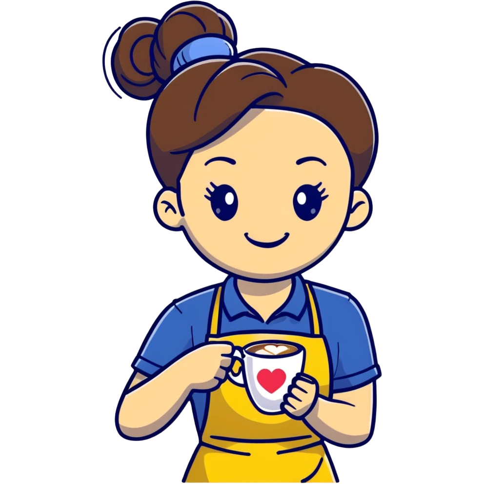 Cute brunette barista girl with hair in a bun wearing yellow shirt and dark blue apron, she's relaxed and making heart-shaped latte art, smiling at the coffee cup with a heart design in the foam emoji