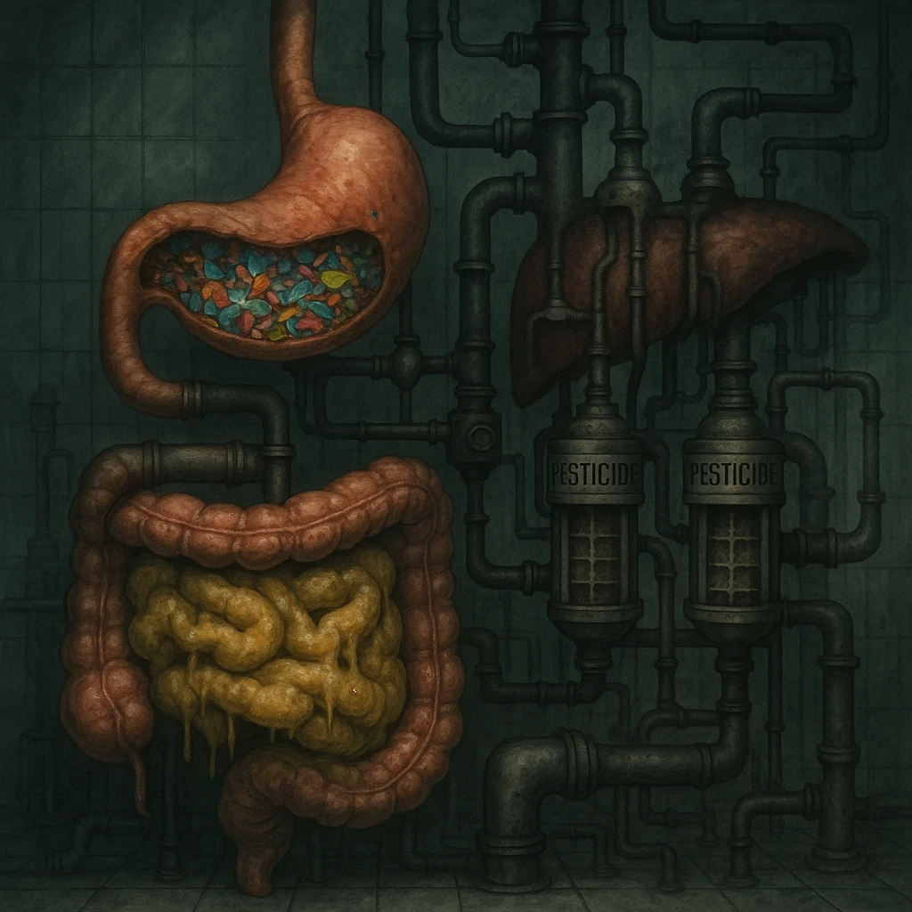 medical horror illustration of human digestive system mapped as a factory, stomach full of vibrant microplastic shards, liver with pesticide filter-clogged pipes, intestines covered in yellow preservative sludge, disturbing clinical eerie atmosphere emoji