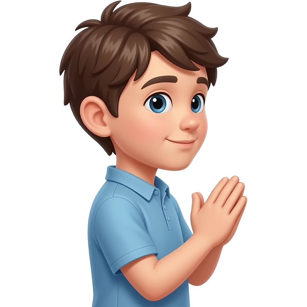 a boy standing by folding hands in side pose emoji