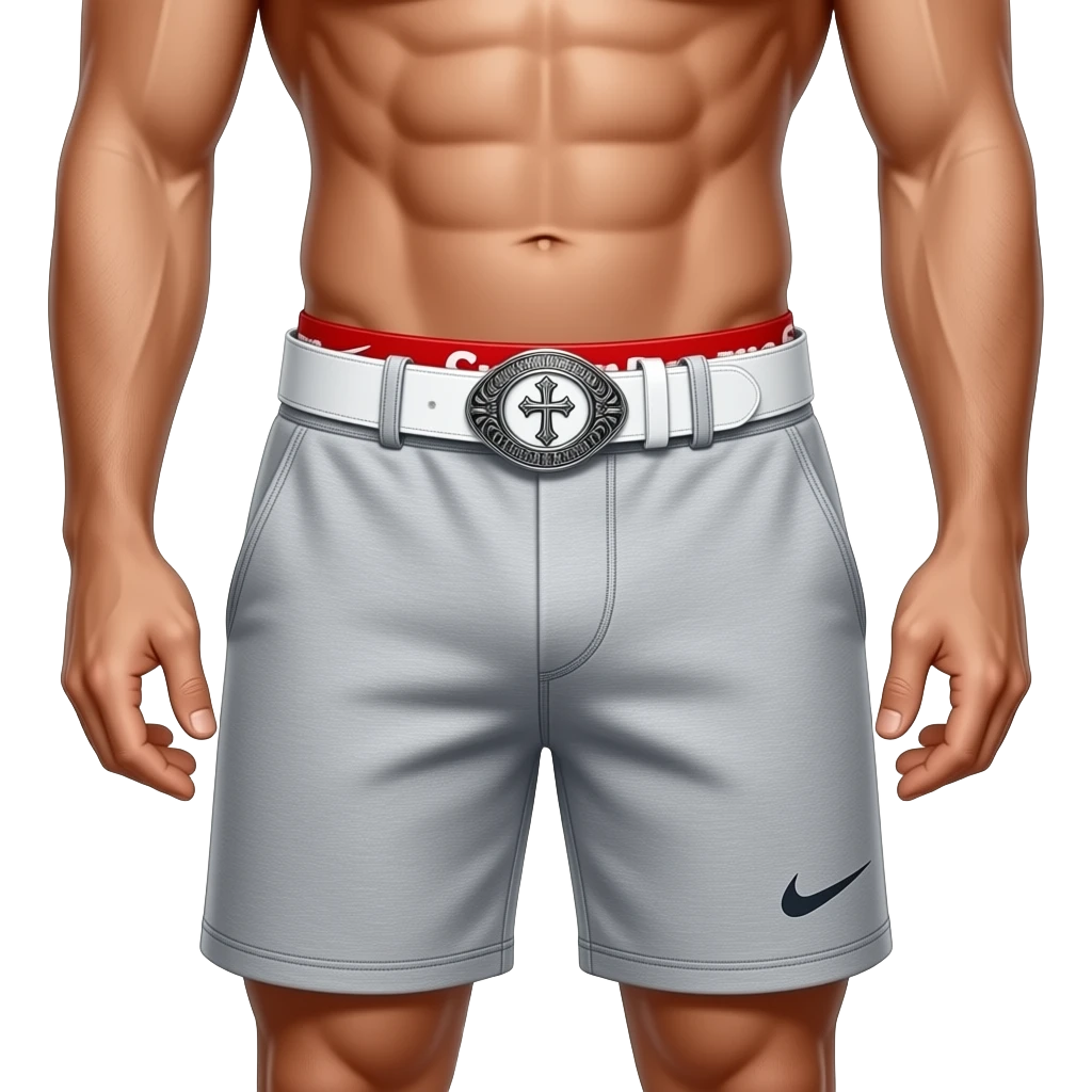 (waist to below knee) of muscleless male. Features a visible red Supreme boxer waistband above grey Nike Tech Fleece shorts. Secured by a detailed white leather Chrome Hearts style belt with an ornate silver oval filigree cross buckle emoji