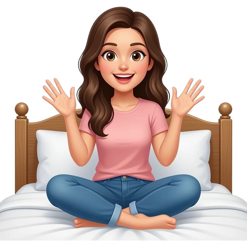 침대에 앉아서 특별한 생각이 유레카하며 떠오른 느낌의 캐주얼한 스타일의 예쁜 20대 여성 이모지 emoji