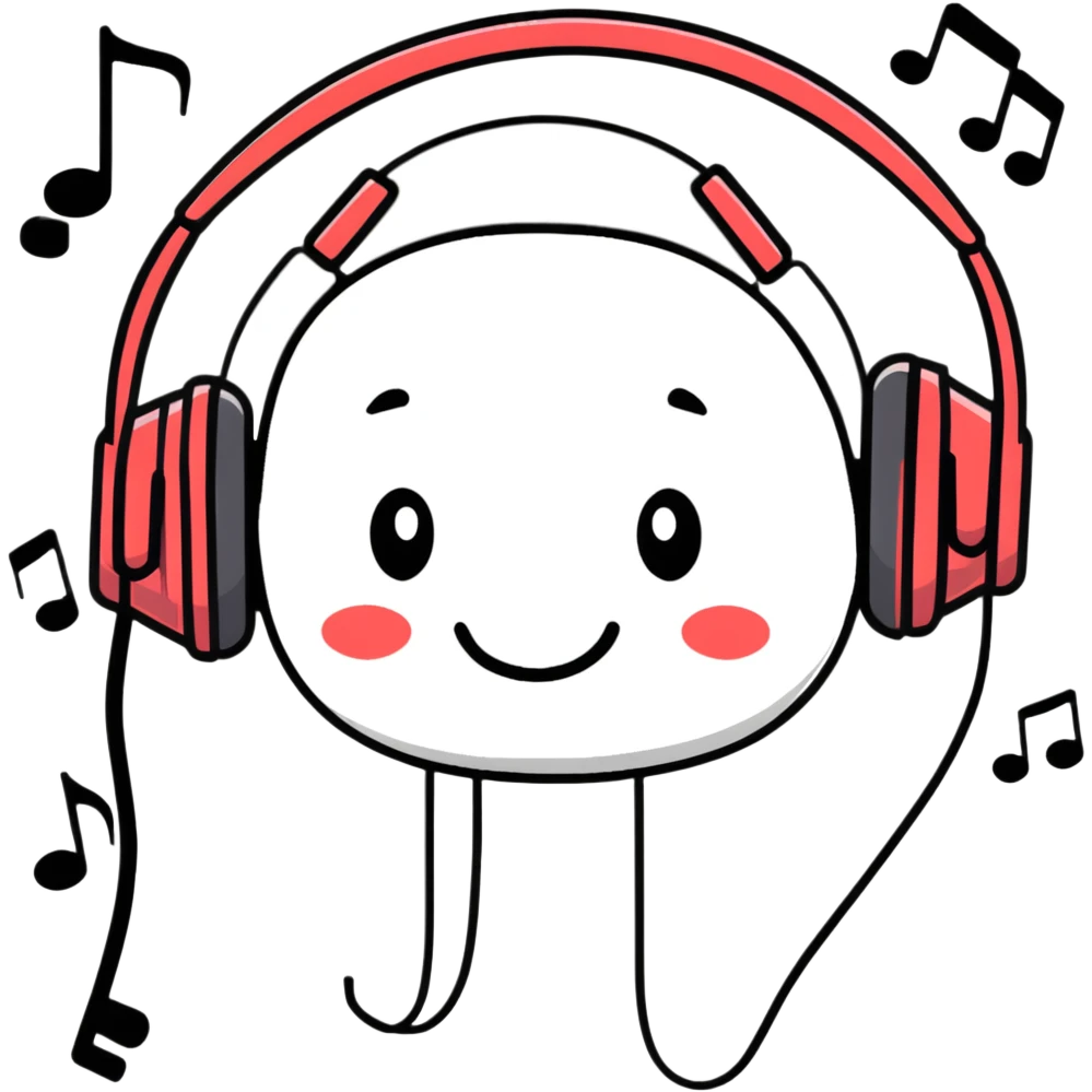 Cute headphones with smiling face and music notes around emoji