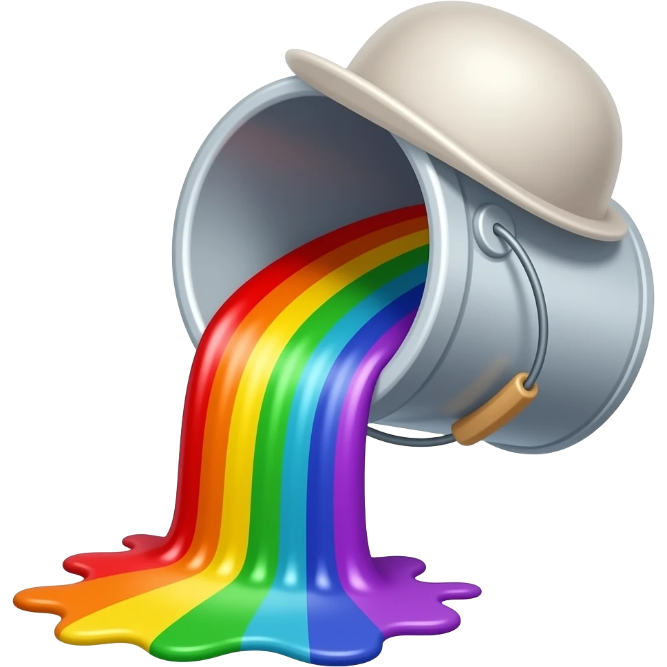 A bucket of rainbow paint pouring out of it. With a satin bonnet on top of the bucket. emoji