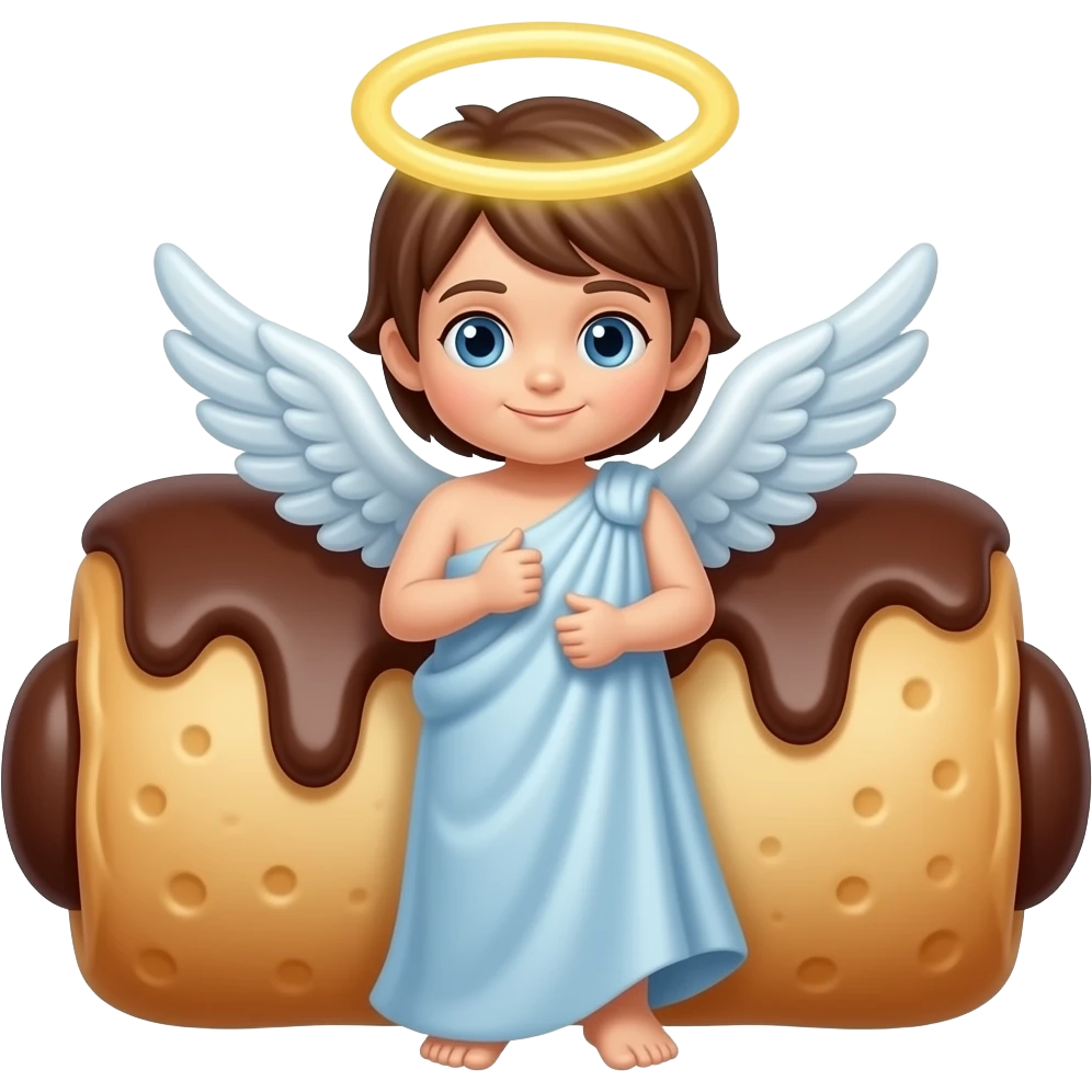Chocolate Canolli pastry with a toga and angel wings and a halo emoji