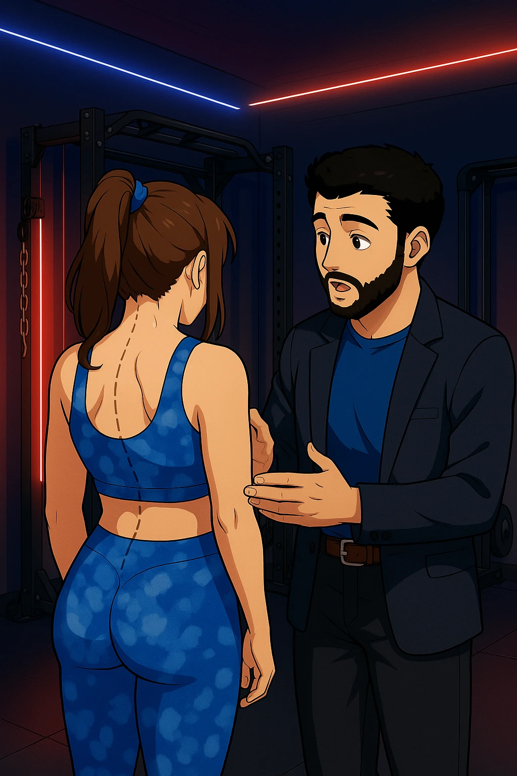 ispirati a questo stile di disegno e fai questa immagine in versione manga/webtoon a colori, il manga mostra la donna di spalle, mentre l'uomo le tocca la spina dorsale per spiegarle come funziona la scoliosi:
Con una scoliosi il baricentro corporeo cade maggiormente da un lato; per non cadere la schiena compensa accumulando tensione sul fianco opposto.
Il risultato? Si inclina e ruota sempre più, fino a che non cede (discopatie, artrosi, ecc) emoji