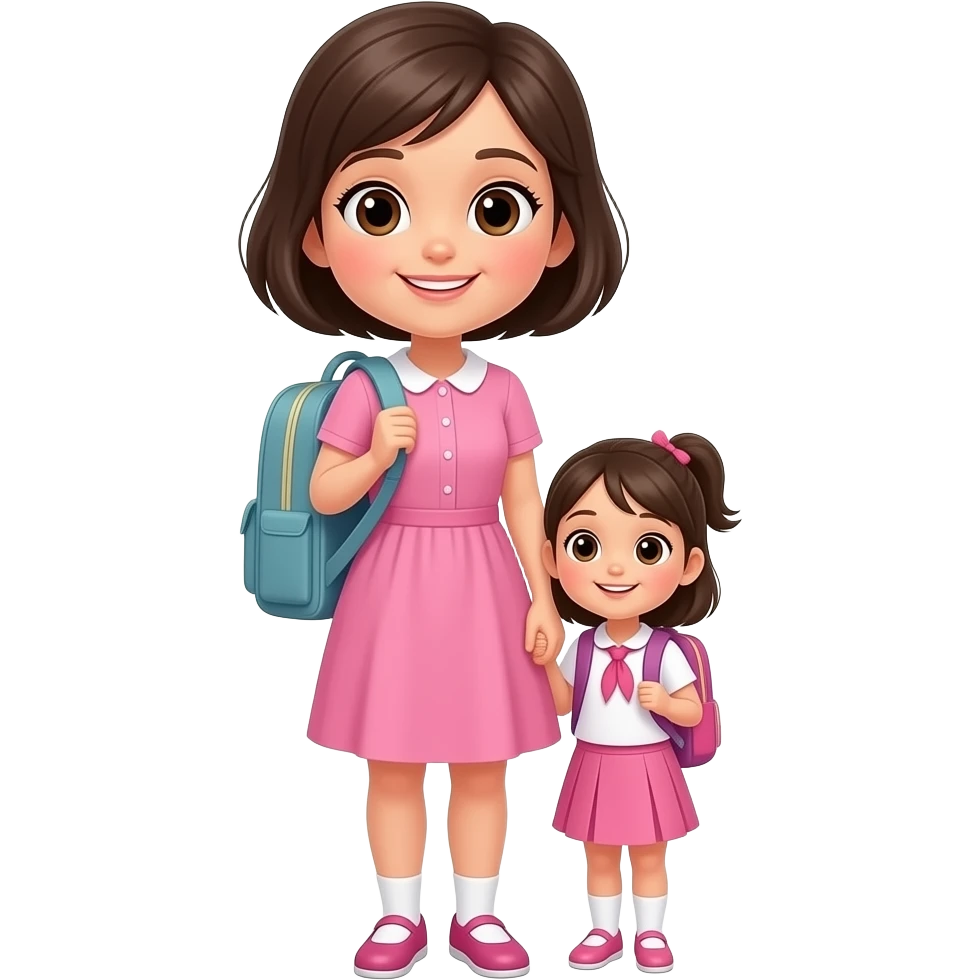 chica de cabello oscuro y corto, con ojos color cafe, con vestido color rosa, llevando a su hija pequeña al colegio emoji