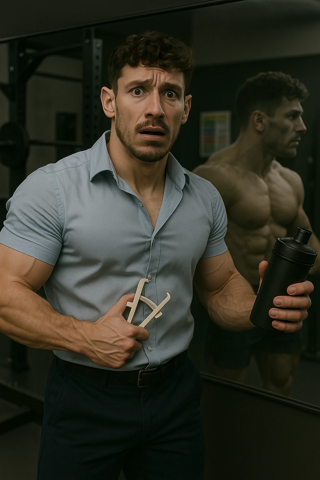 a fit man in his 30s stands in front of a gym mirror, flexing his muscles with a concerned expression. In one hand, he holds a caliper measuring his body fat, while in the other, a protein shaker. Reflected in the mirror, his muscular physique appears slightly faded around the edges, symbolizing his fear of losing muscle. The background shows gym equipment and nutrition charts, emphasizing his focus on definition. emoji
