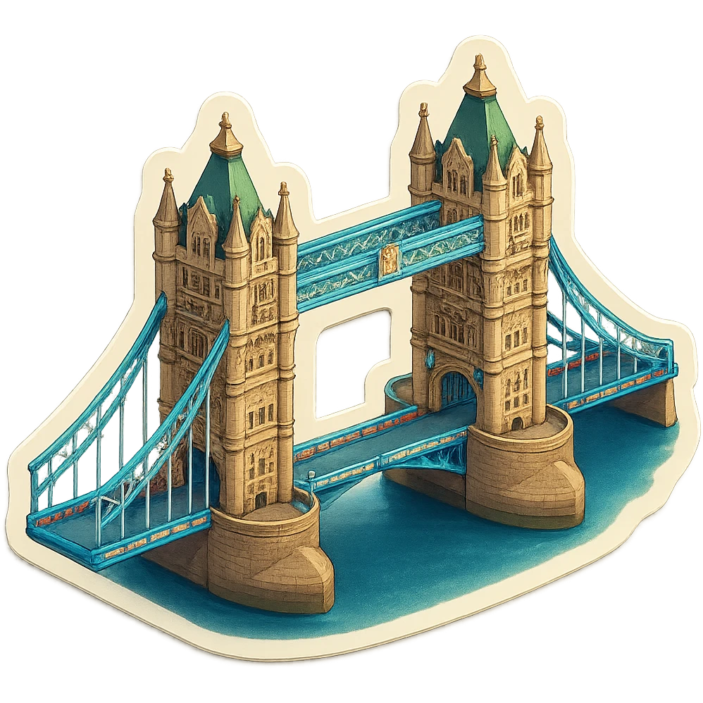 Isometric illustration of photorealistic Tower Bridge in London, detailed towers and suspension sections, subtle brick and metal textures, miniature style with soft shadows, transparent background. emoji
