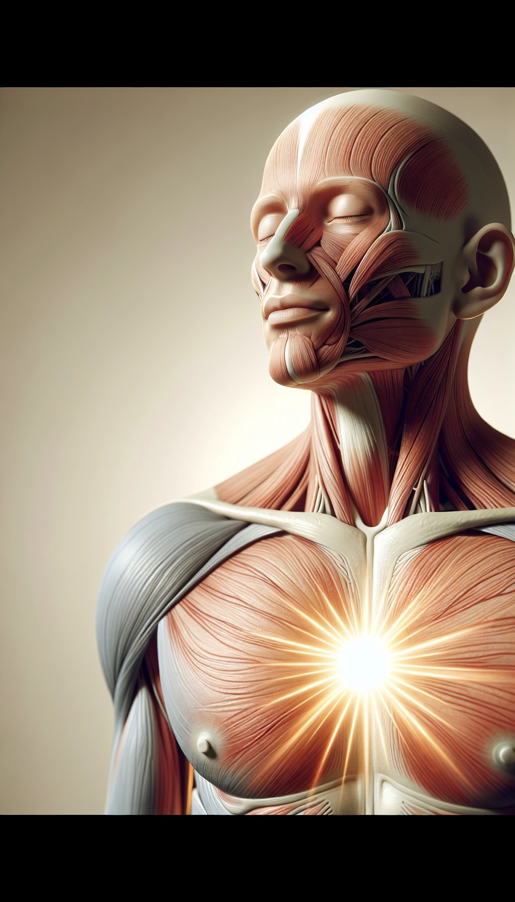 un corpo umano anatomico è illuminato dalla luce del sole e ha gli occhi chiusi in un espressione serena, l'immagine rappresenta l'importanza del sole e i suoi benefici sul corpo umano, sfondo neutro chiaro, iperrealistico 4k emoji