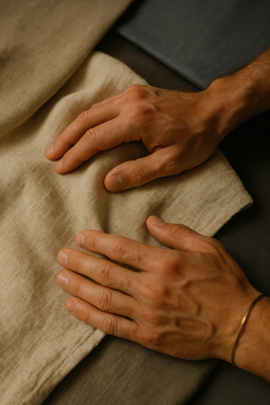 Primo piano di mani che toccano tessuto di lino grezzo, texture naturale dettagliata, colori puri e genuini, luce che rivela la bellezza delle imperfezioni naturali, mentre i sintetici appaiono artificiali e freddi in secondo piano emoji