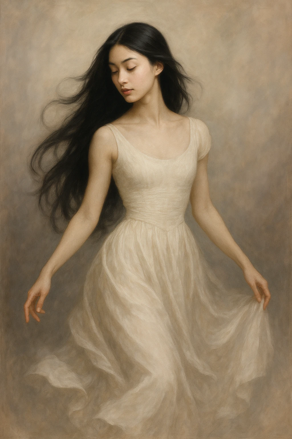 girl in a flowing dress, long black hair, elegant pose, soft background emoji