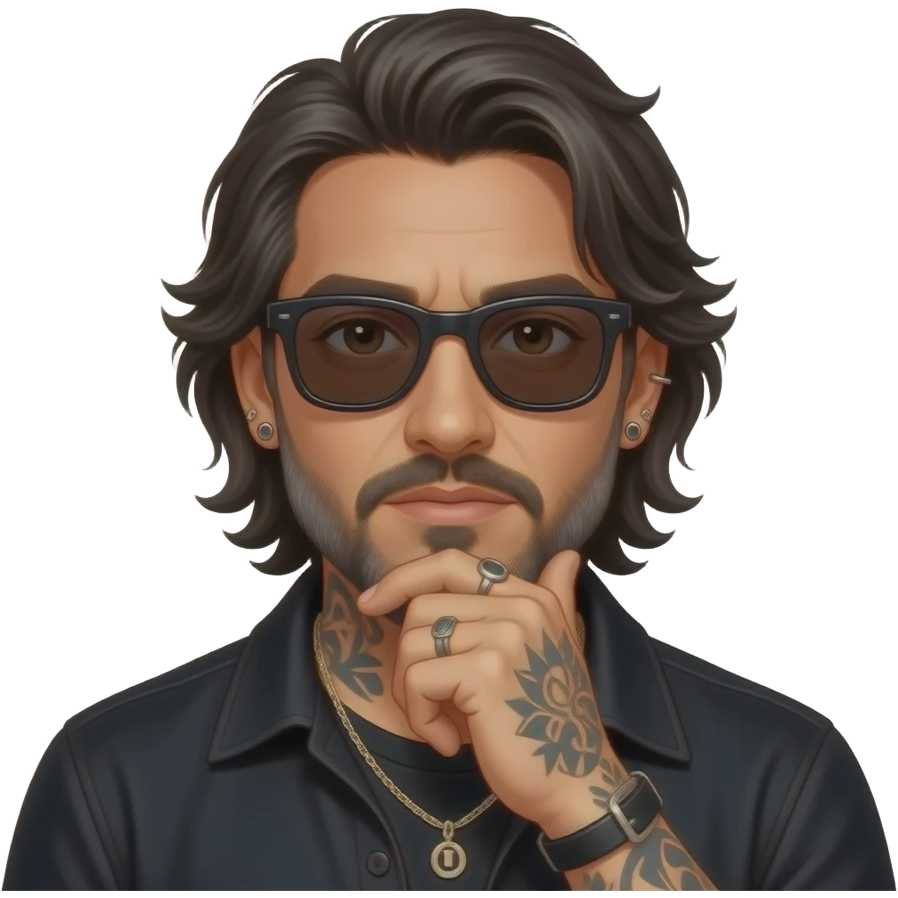 The handsome manly Latino podcast host with medium length hair, a long slightly graying beard and tattoos with his ears pierced 1 time each ear and a nose ring on the right side, dark brown eyes, wearing black, dark sunglasses, and jewelry, thinking deep emoji
