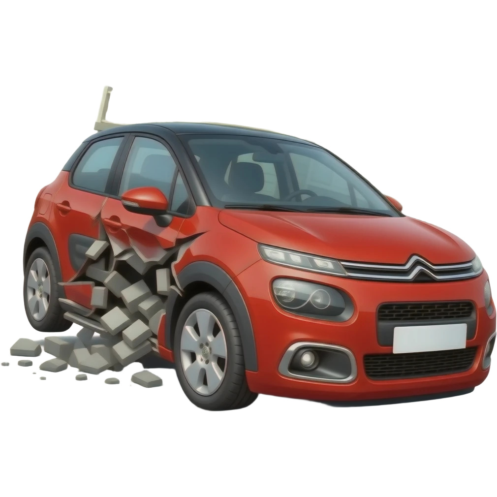 A red citroën crashing into a house emoji