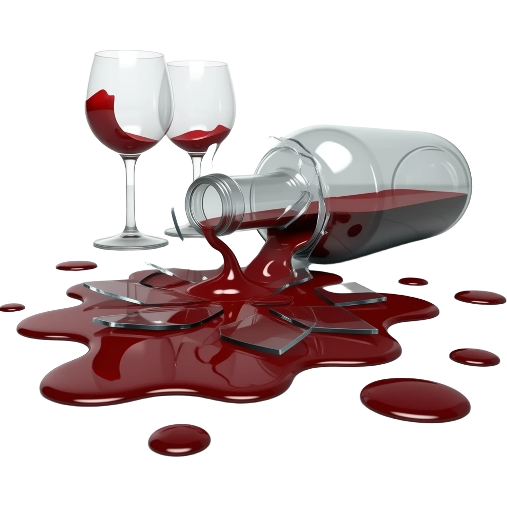 A broken wine bottle lying on the floor, with red wine spilling out and spreading across the surface. Glass shards scattered around, reflecting light. The liquid forms a dramatic, dark stain. Soft cinematic lighting, no people, clean indoor floor, highly detailed and realistic. emoji