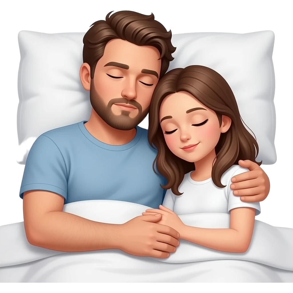 Realistic white man brown hair with beard hugging while sleeping in bed with white girl brown hair emoji
