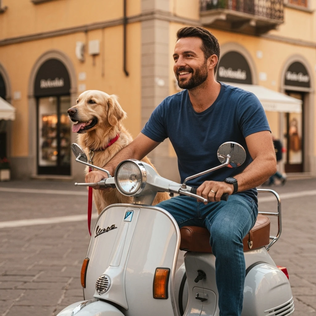 man and his pet dog riding a vespa emoji