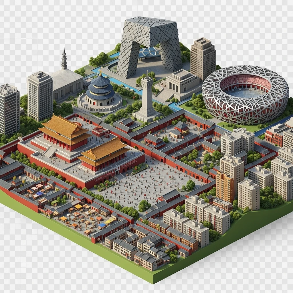 Isometric miniature of Beijing Forbidden City, Tiananmen Square, CCTV Headquarters, Temple of Heaven, Bird’s Nest Stadium and crowded hutong alleys, sprawling apartment blocks, 3D miniature effect and Tilt Shift effect, no cartoonish look, transparent background. emoji