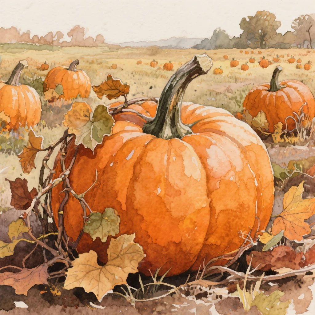 autumn pumpkin patch illustration, large pumpkins with leaves and vines, rustic style, orange and earthy tones, watercolor texture background emoji