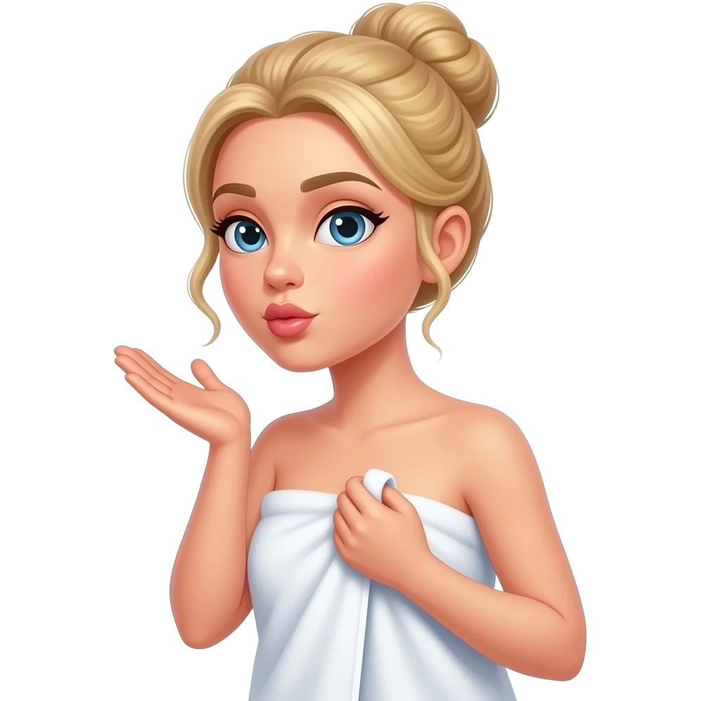 A blonde women wrapped in a towel. Her hair is twisted up in a bun. She is holding the towel up with one hand and blowing a kiss with another By. emoji
