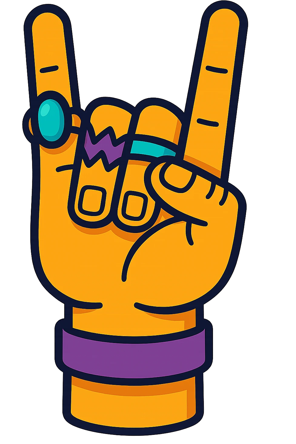 Make the rings on the hand more detailed while keeping the metal sign gesture. Maintain the vibrant cartoon style with no background. emoji