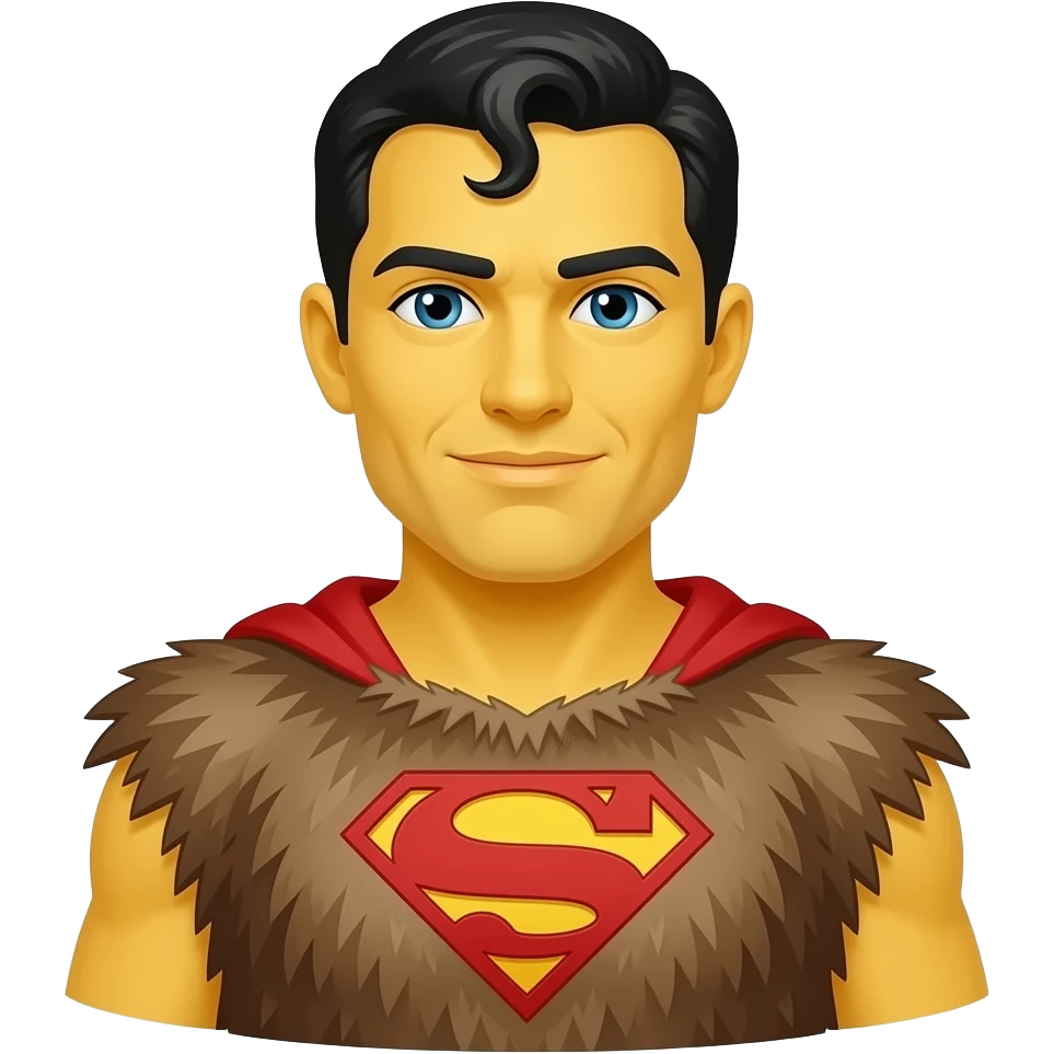 a superman wearing ancient animal skin cloth, half body, icon, yellow skin skin emoji