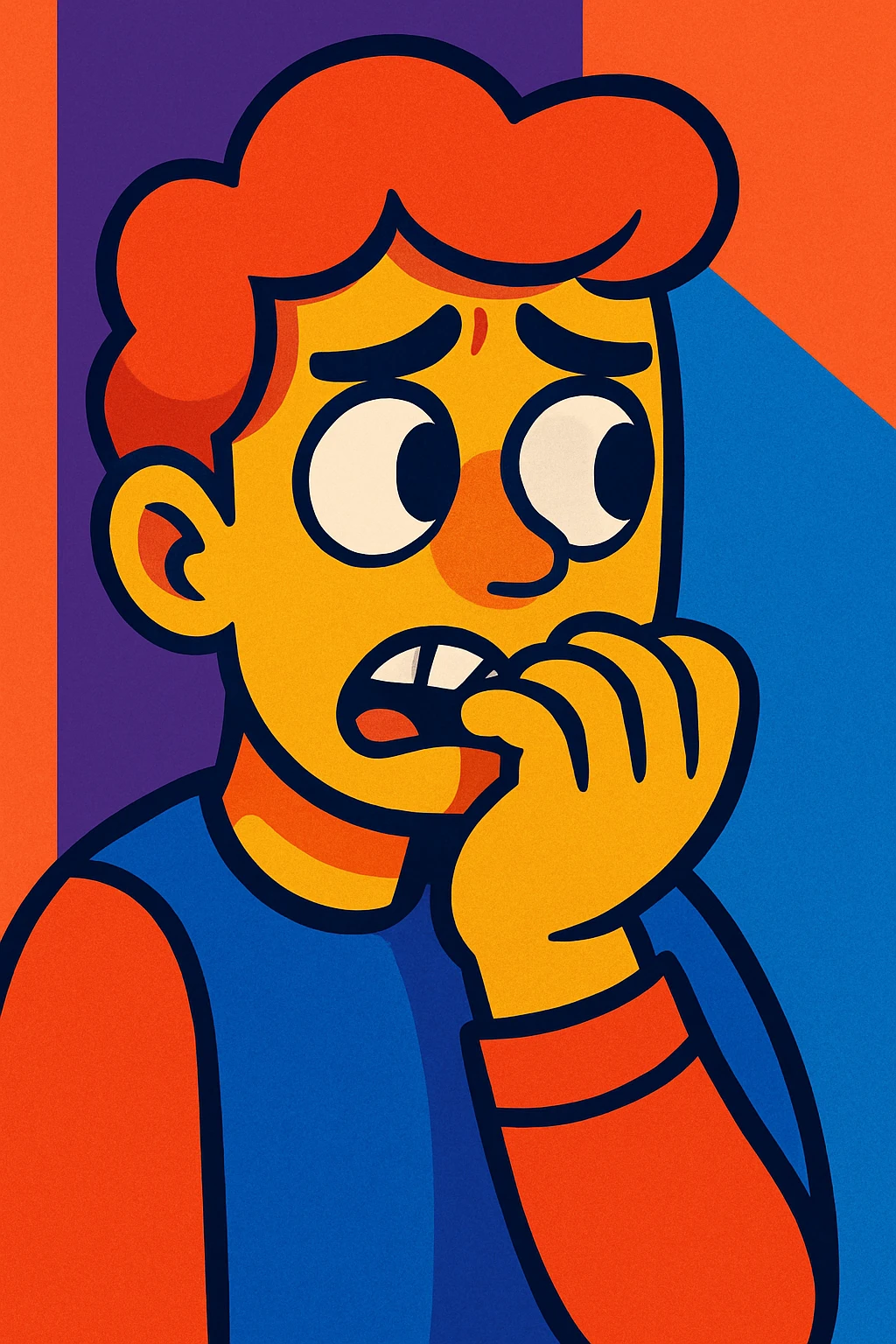 a person biting their nails, glancing sideways, showing both thoughtfulness and fear, colorful toon style emoji