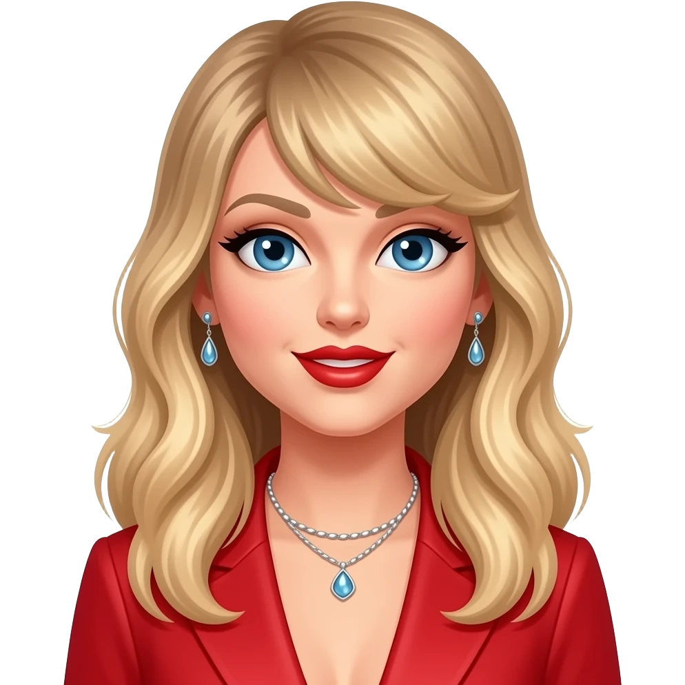 Taylor Swift with blue eyes, long blonde hair, red pop outfit, necklace and earrings emoji