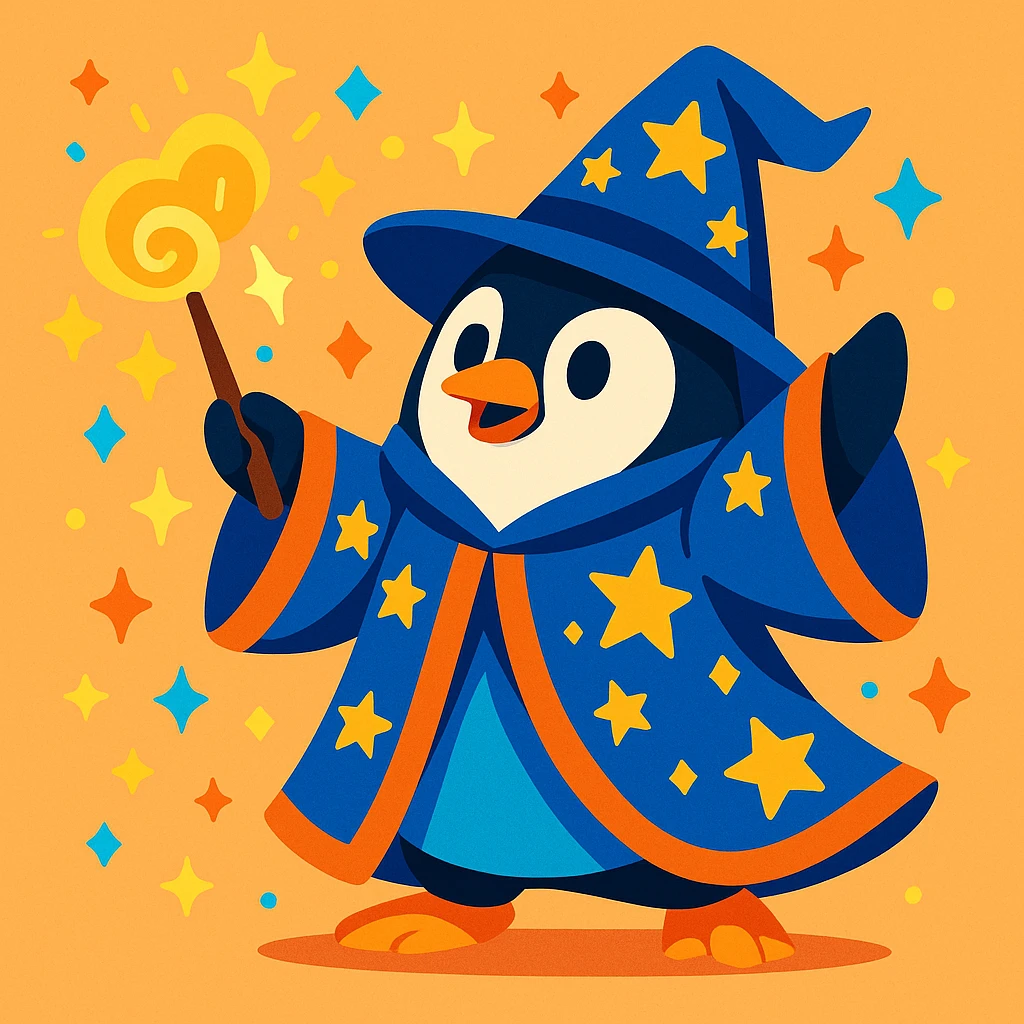 penguin wizard casting a spell, sparkles around, wearing a starry robe, vibrant toon style emoji